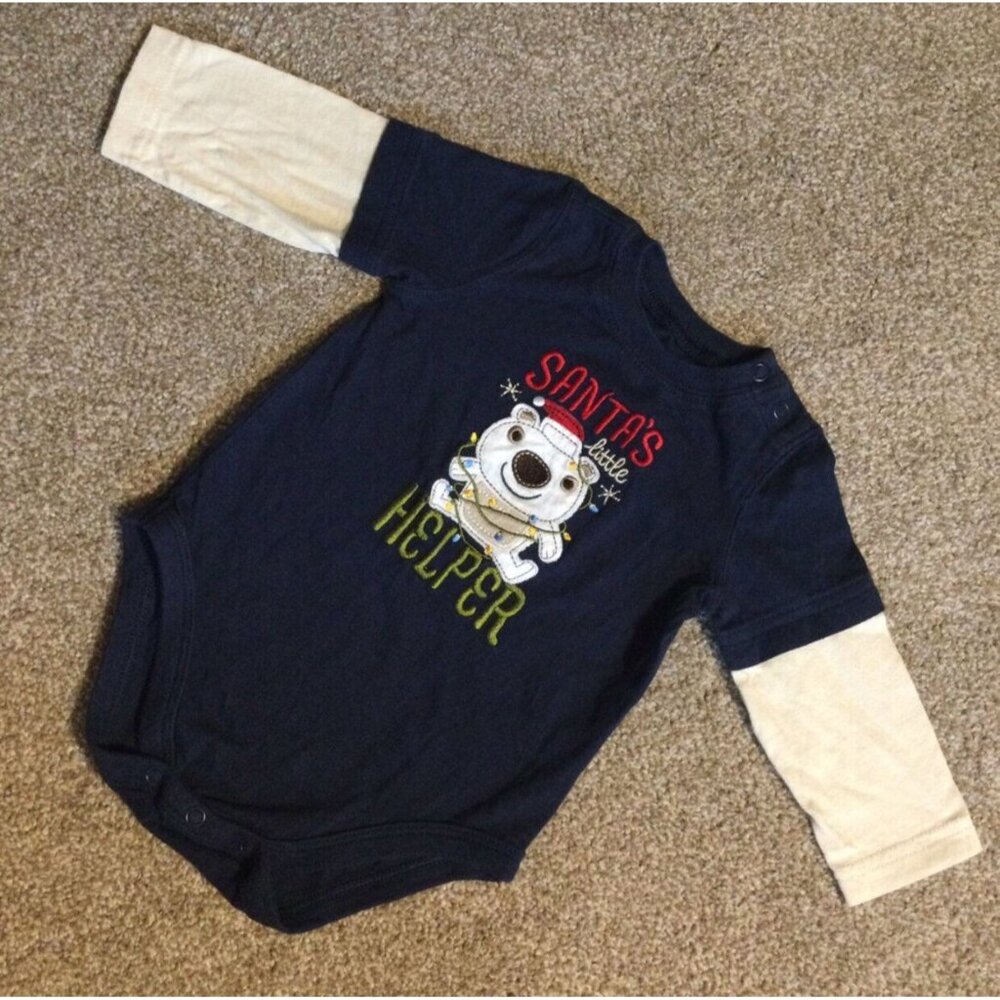 6M VGUC Jumping Beans Blue Santa's Helper Bodysuit